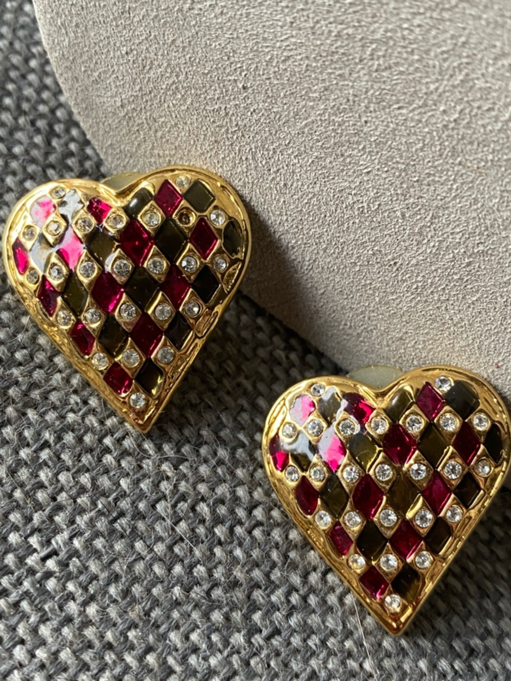 Gold Tone Heart Earrings with Red Enamel and Clear Crystal Accents